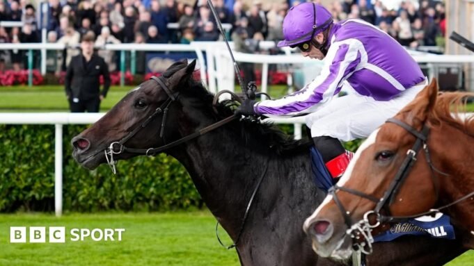 হক মাউন্টেন ও'ব্রায়েনকে তার 12তম ভবিষ্যত জয় উপহার দিয়েছে | Hawk Mountain, ridden by Ronan Whelan, leads home Action in the Futurity Trophy Stakes at Doncaster