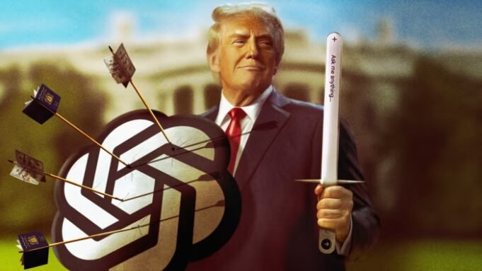 Illustration of Donald Trump holding in his right hand the ChatGPT symbol shown as a shield with arrows with US passports and dollars attached. In his left hand he is holding a sword with the inscription ‘Ask me anything’